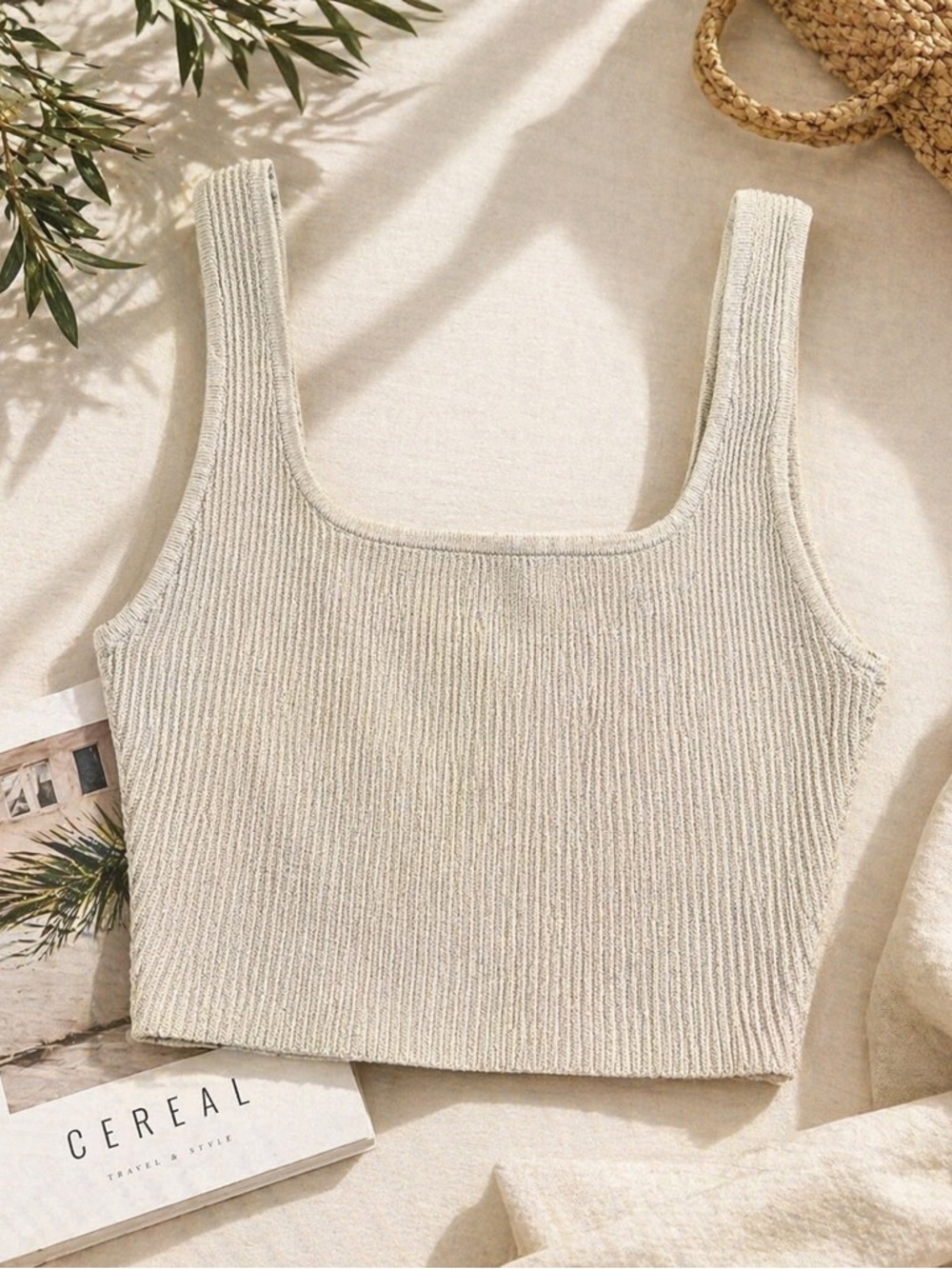 Babaton Cream Ribbed Square-Neck Crop Tank